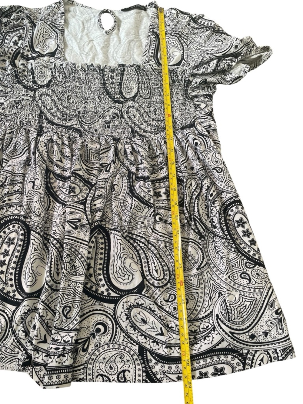 Black White Paisley Smocked Cotton Top Babydoll Y2K Festival Peasant Romantic - Picture 7 of 9